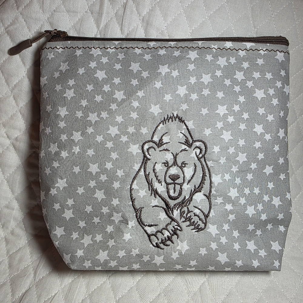 Gray Star Patterned Pouch with Bear Design
